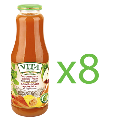 Упаковка морквяно-персиково-яблучного соку з м’якоттю. Відновлений. Пастеризований. ТМ «Vita». 1Л х 8шт